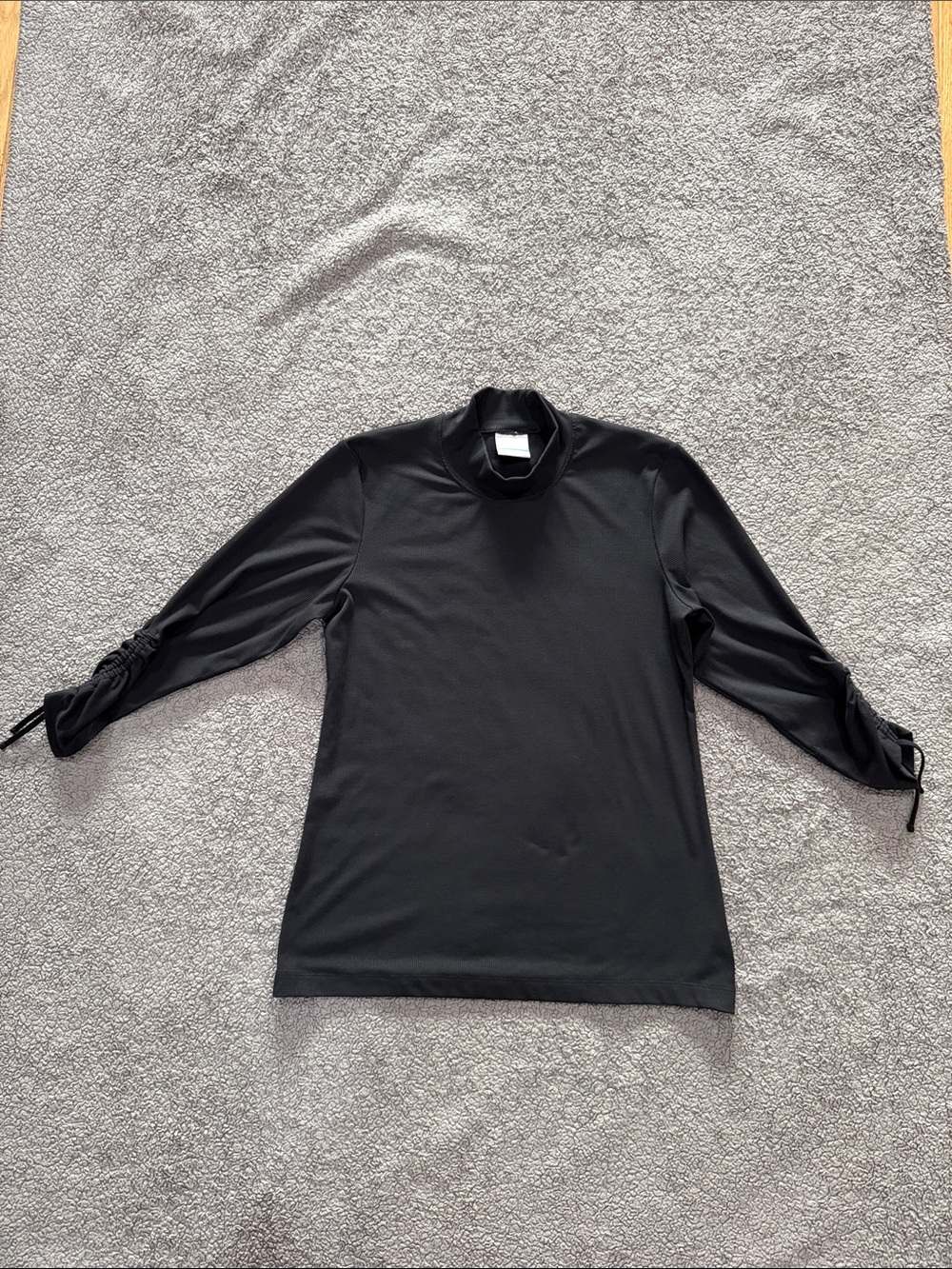 Black Mock Neck Long Sleeve Tee with Ruched Tie Sleeves